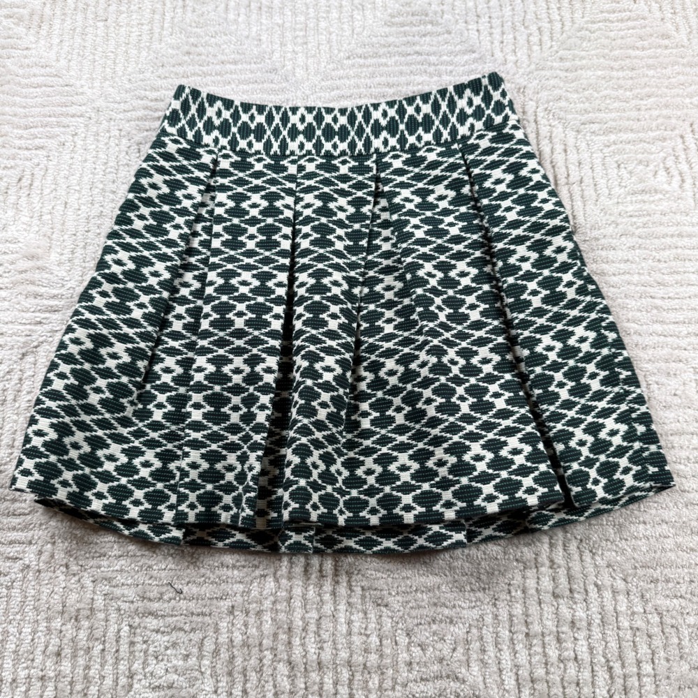 Banana Republic Pleated Mini Skirt Women's 0 Green Geometric Jacquard Preppy Mod